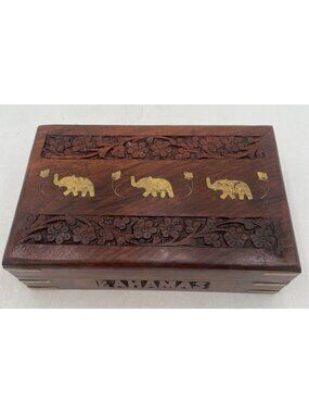 Handcrafted Wooden Keepsake Box Brass Elephant Inlay & Floral Carvings Bahamas